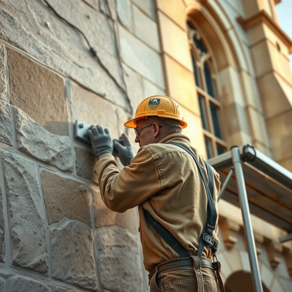 A stonemason repairing the granite wall of an old church from scaffolding