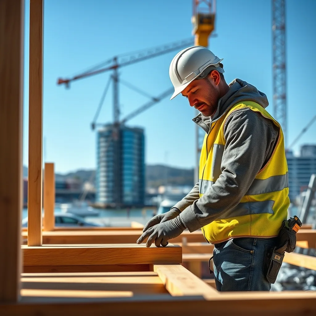 A construction site with cranes and scaffolding overlooks Hobart's waterfront precinct.