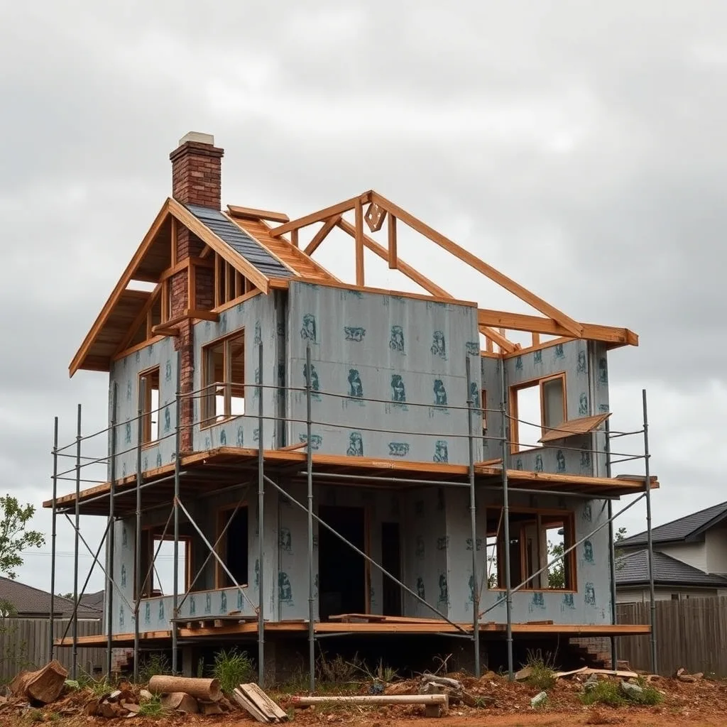 An abandoned half-built house with scaffolding on a suburban Australian estate under grey sky.