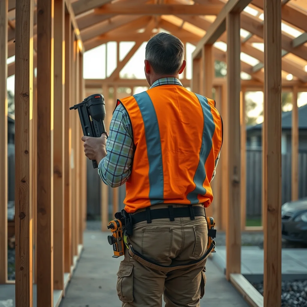 Carpenter working inside the timber wall frame of a new single-storey house