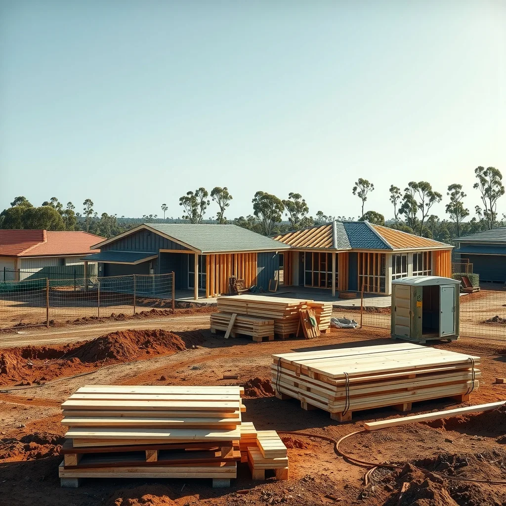 Timber-framed house under construction on a concrete slab in a new Australian housing estate, with more empty slabs behind it