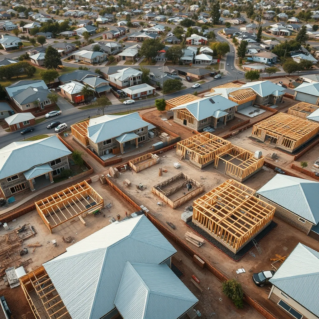 Aerial view of a large suburban housing development with numerous new home foundations and timber framing under construction.