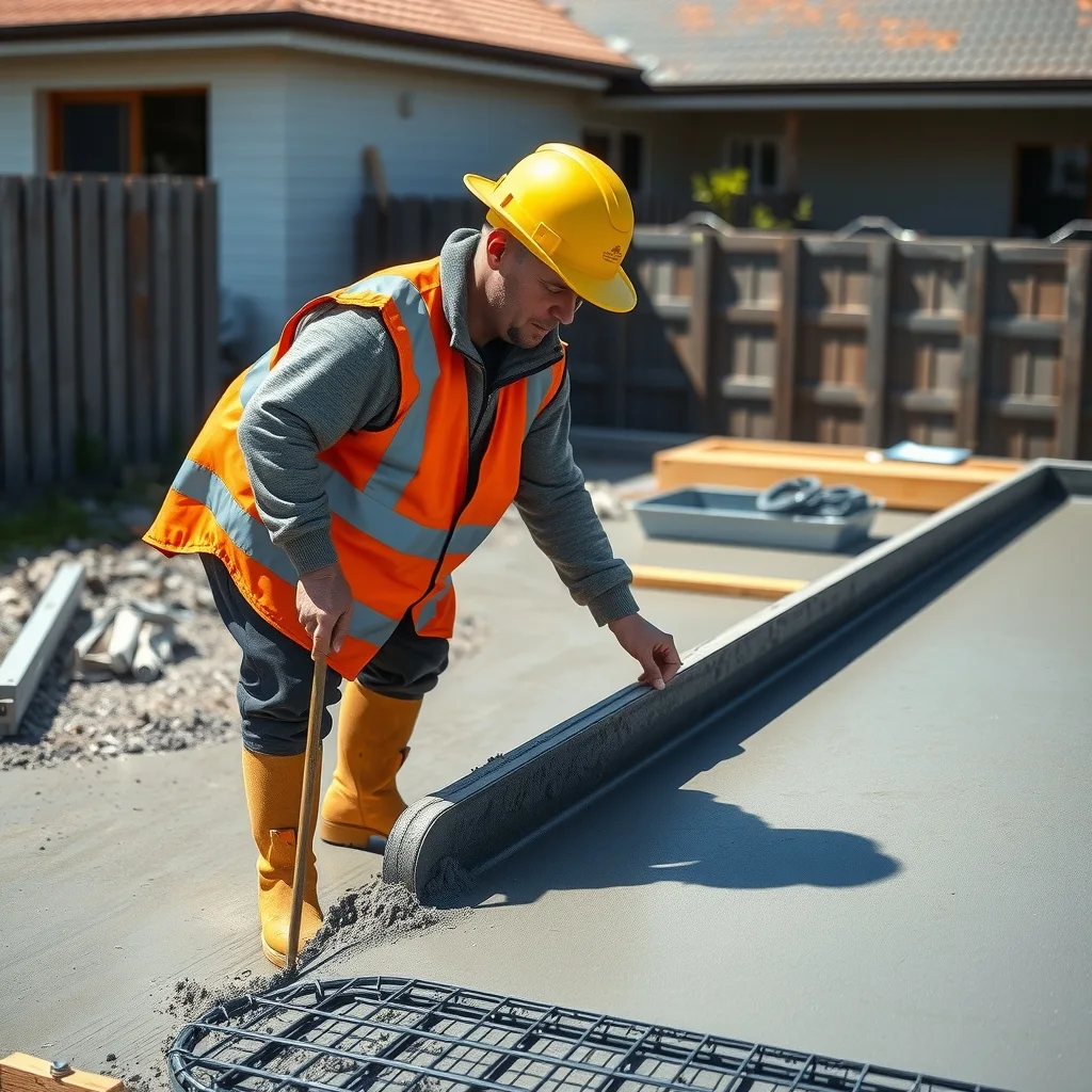 A concreter screeding a freshly poured residential house slab