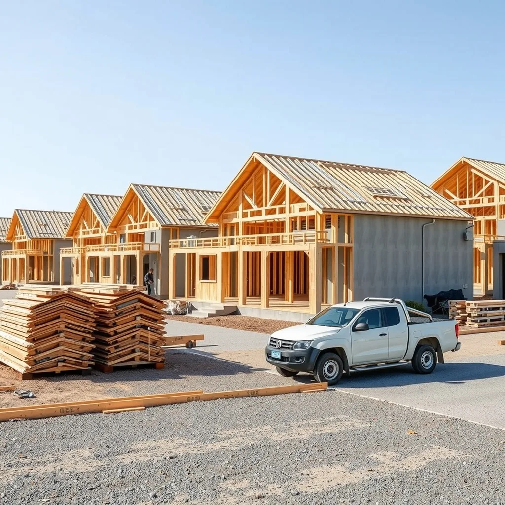 Timber-framed houses at frame stage on concrete slabs in a new Australian housing estate
