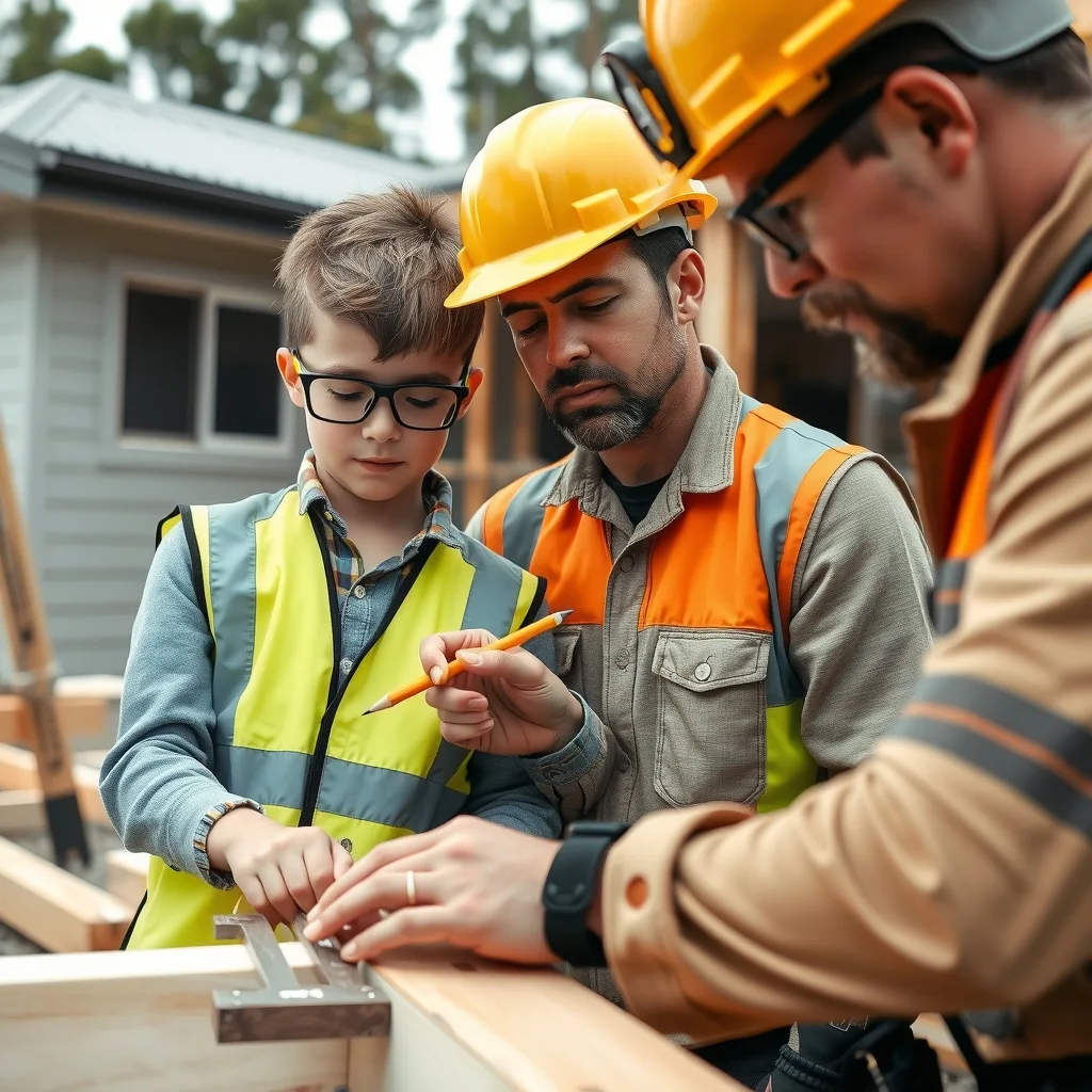 An apprentice watches a qualified carpenter mark out a timber cut on a house site