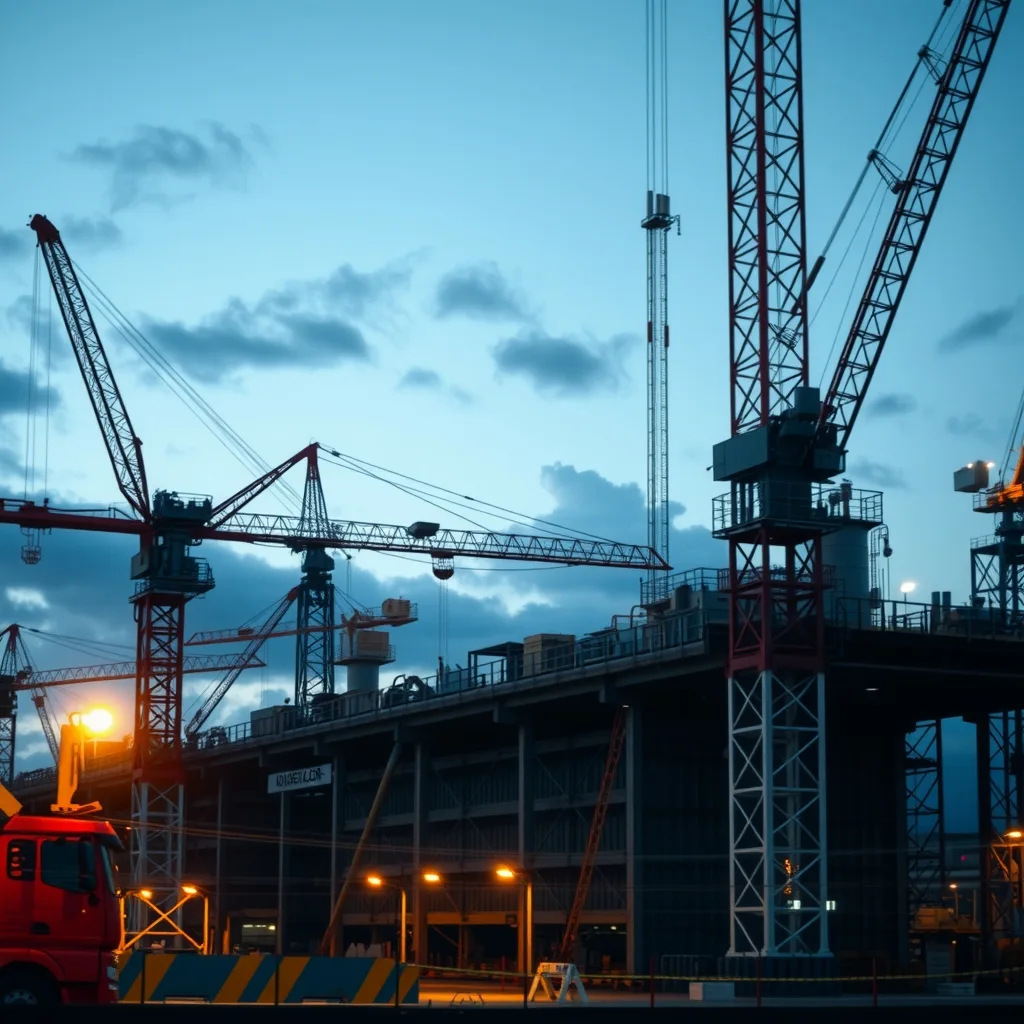 Tower cranes over a large industrial construction project at dusk