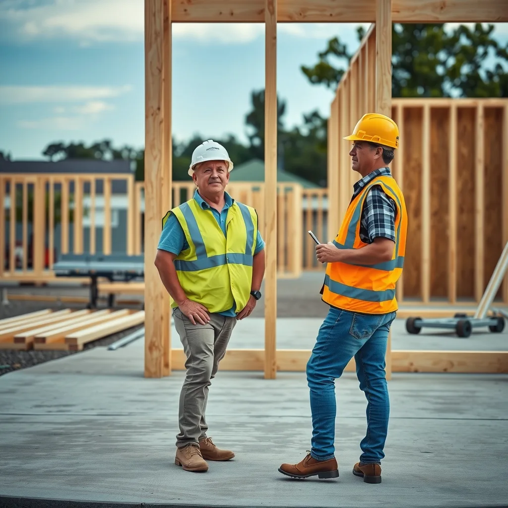 Carpenters standing timber wall frames on a slab at a suburban Australian housing estate