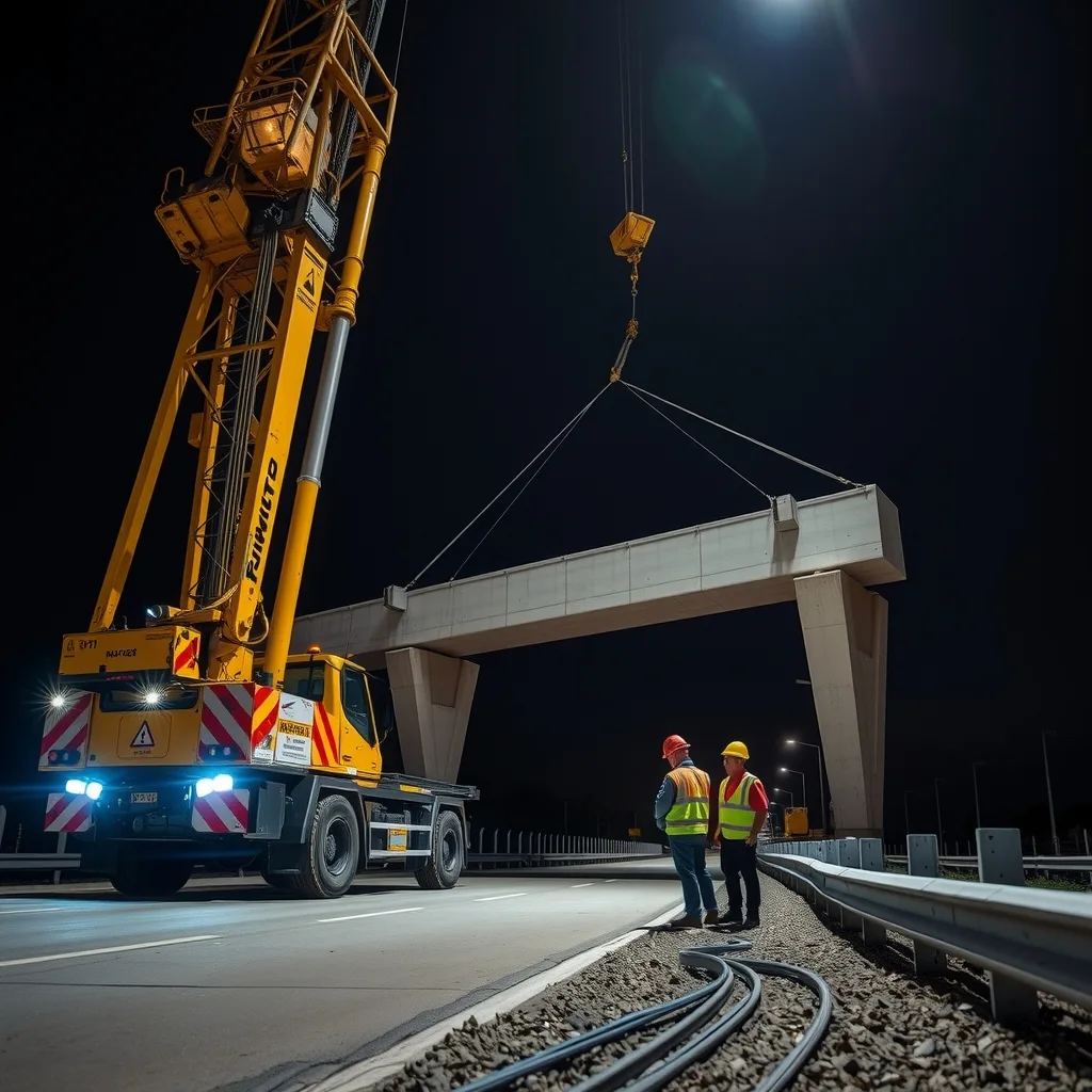 A crane lifting a concrete bridge girder into place at night on a road construction site