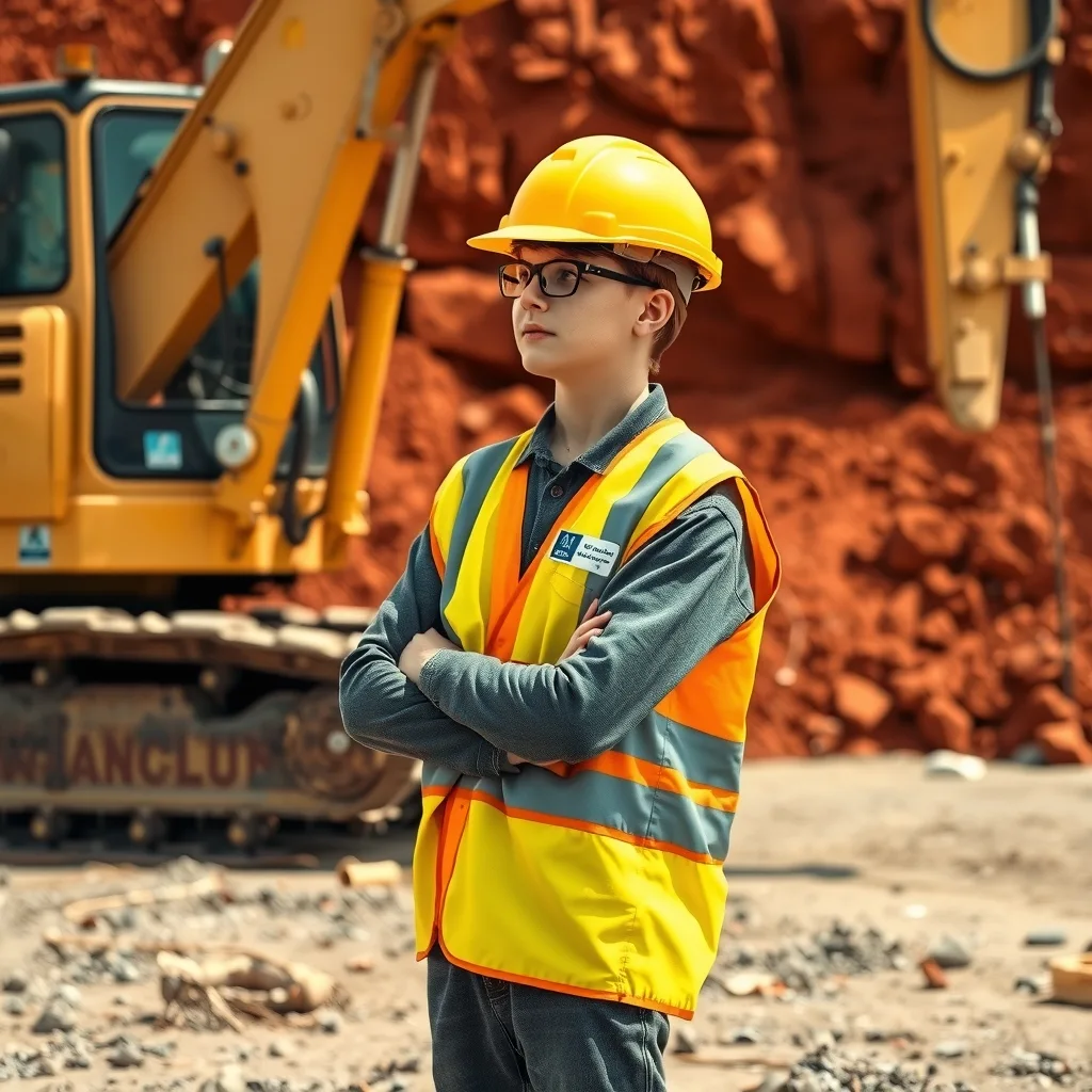 An apprentice in hi-vis standing beside an excavator on a civil earthworks site