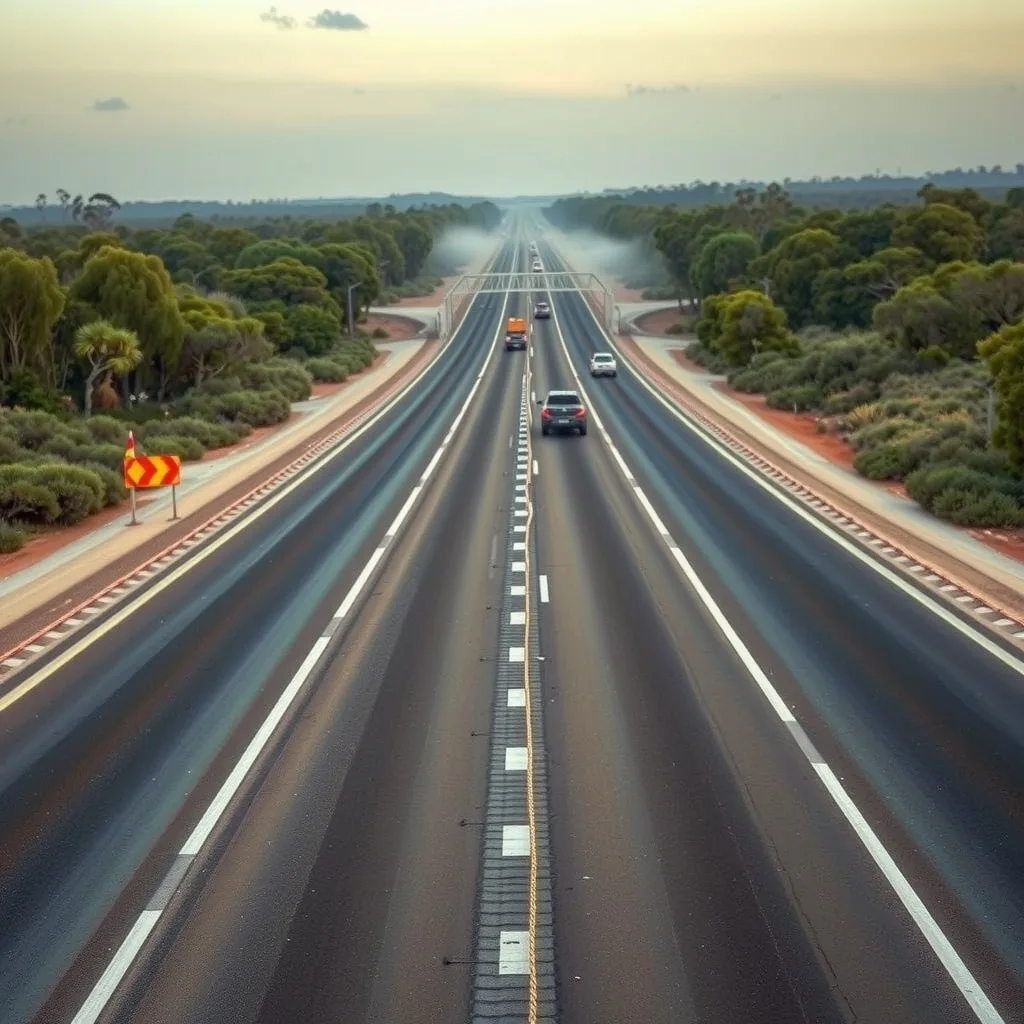 A newly built dual-carriageway motorway through Australian bushland at dawn with fresh line marking
