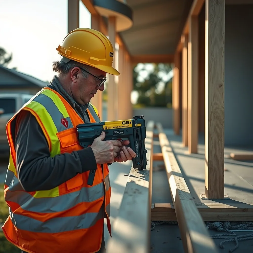 Carpenter fixing timber wall frames on a residential concrete slab