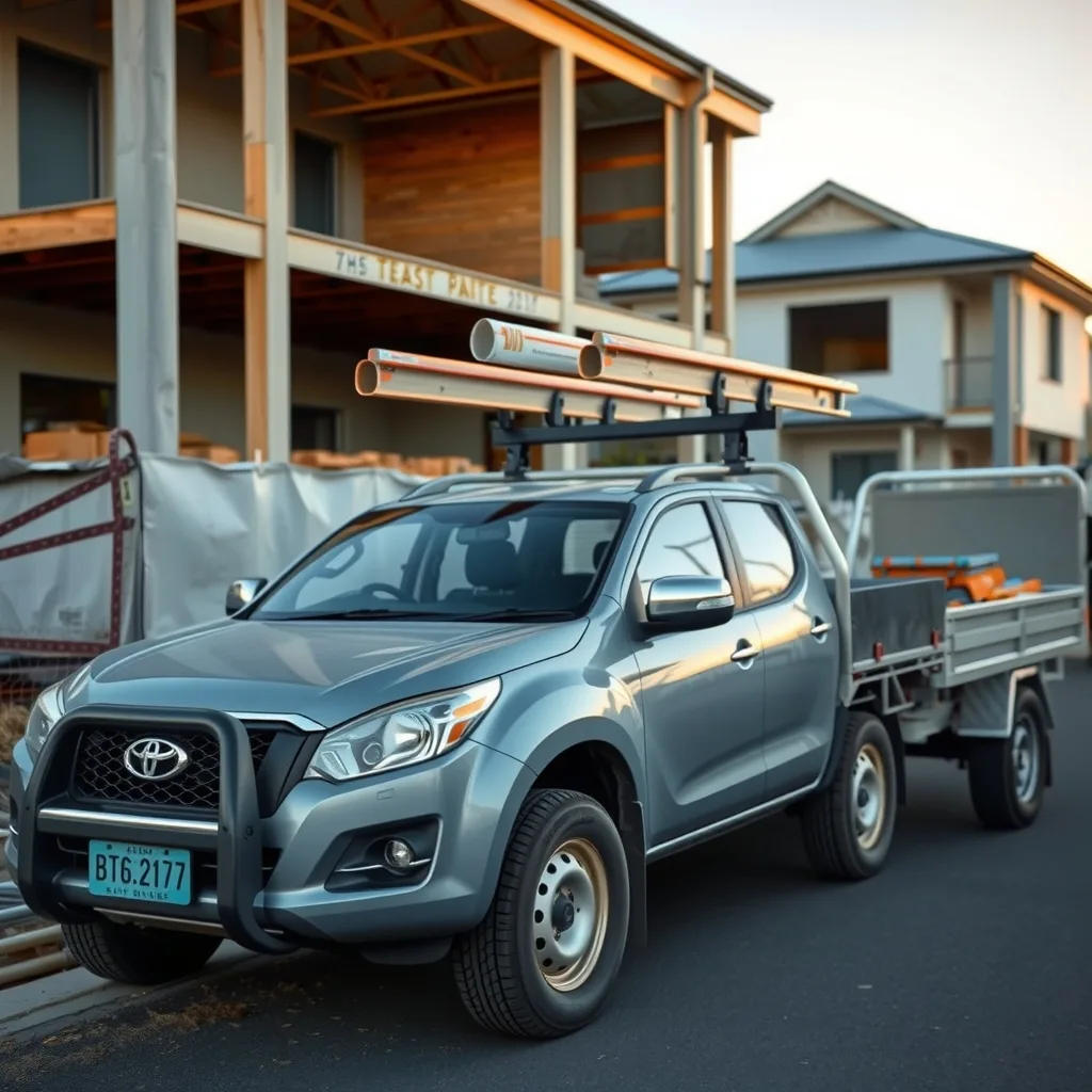 A dual-cab work ute and tool trailer parked at a suburban building site