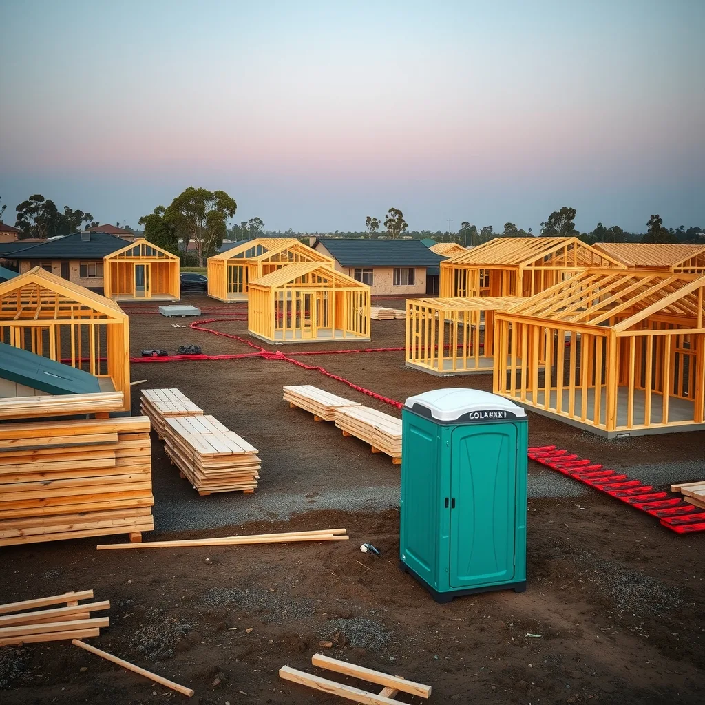 Timber-framed houses and empty concrete slabs in a partly built Australian housing estate at dawn