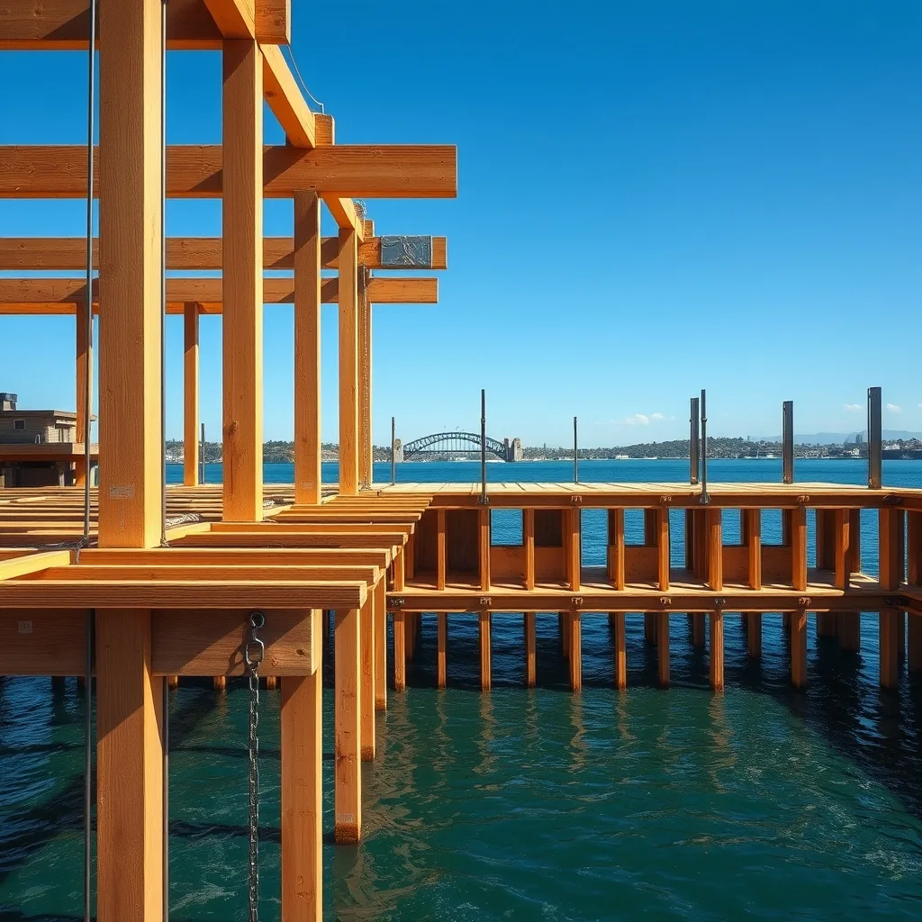 A partially built tidal pool structure on Sydney Harbour with steel reinforcement and timber formwork visible in the framework.
