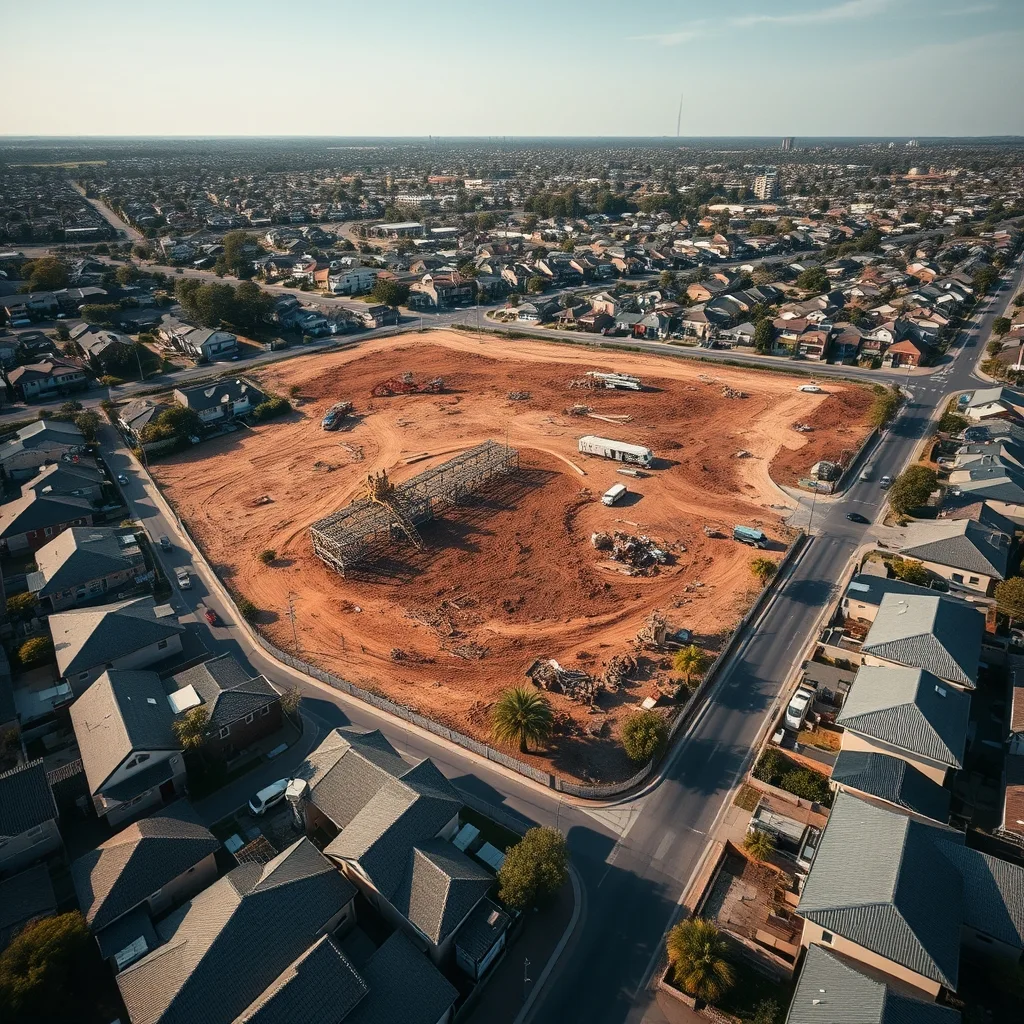 Aerial view of cleared Defence barracks land surrounded by Perth suburban rooftops and streets.