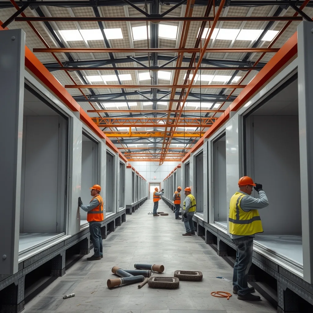 Workers fitting internal linings and cabinetry to room modules on a factory production line