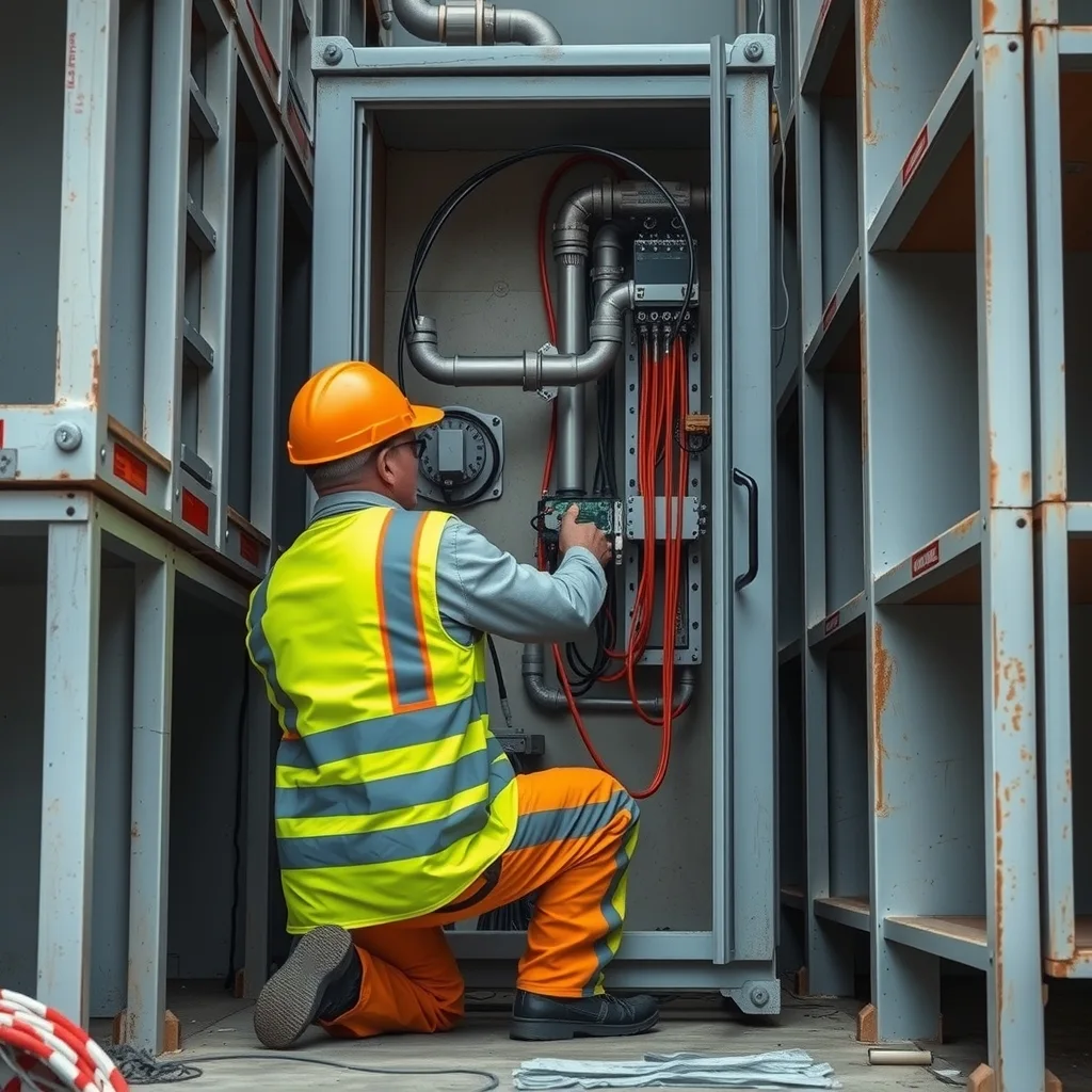 A tradesperson connecting cabling in a riser space between two stacked building modules