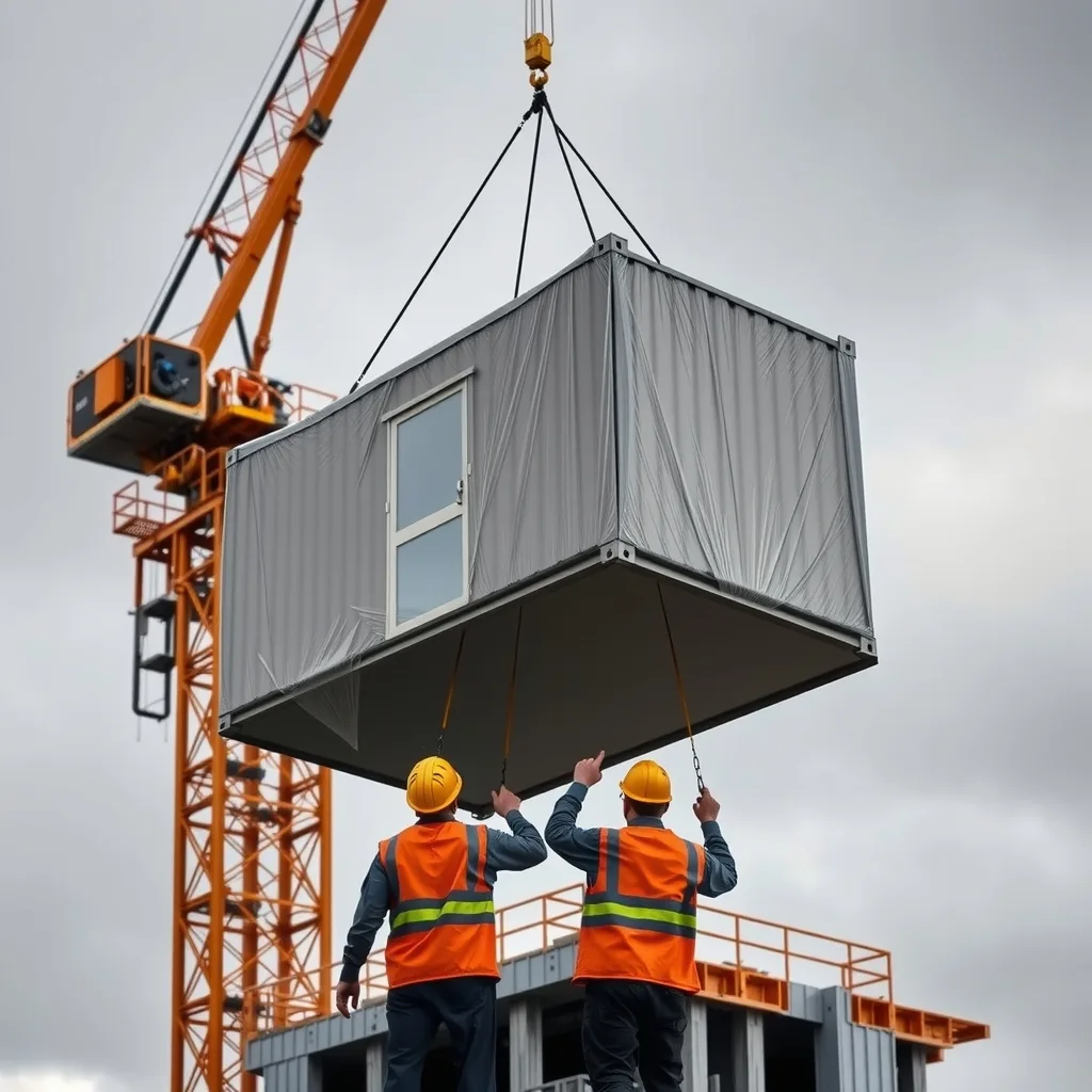 A crane lifts a wrapped prefabricated room module onto a mid-rise building under construction