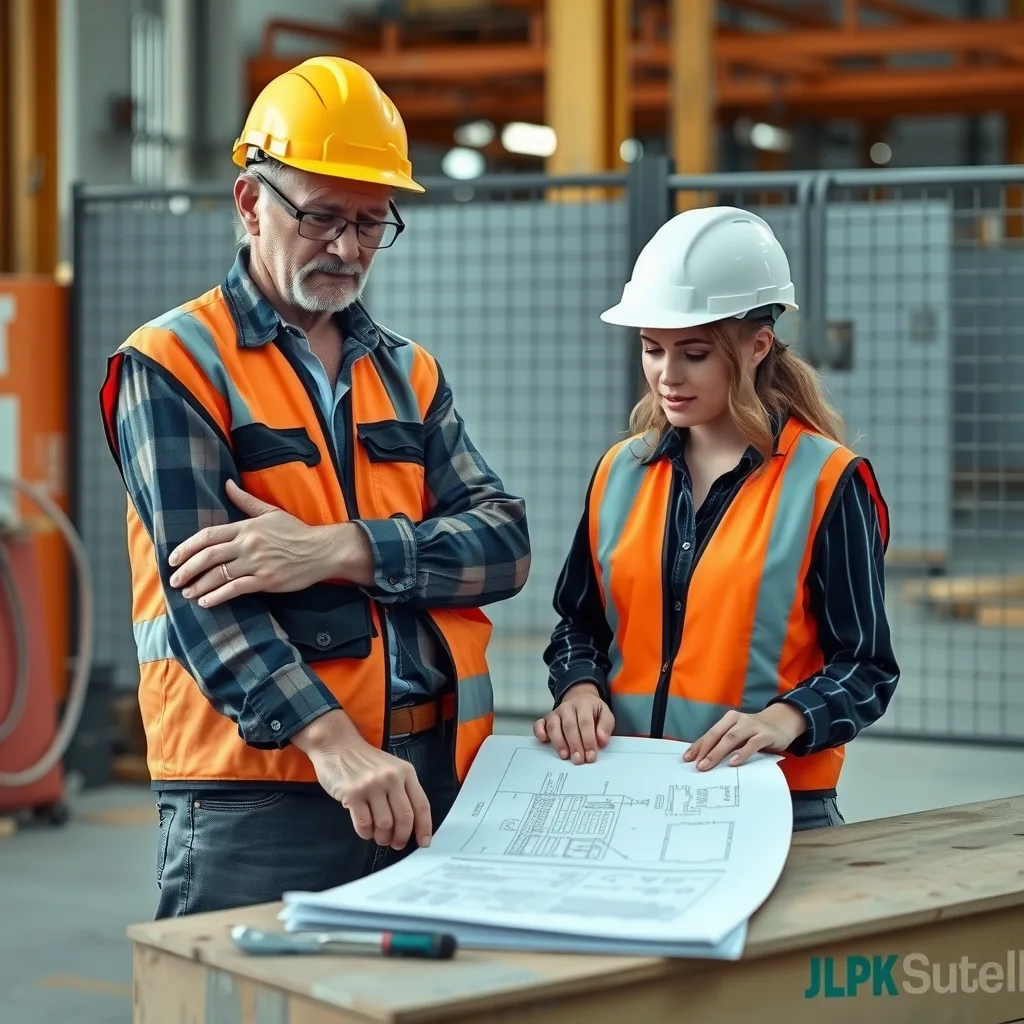 A tradesperson and a young apprentice in hi-vis reviewing drawings together on a construction site