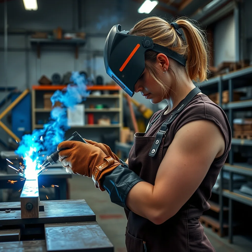 An apprentice welder in helmet and leathers welding steel in a training workshop booth