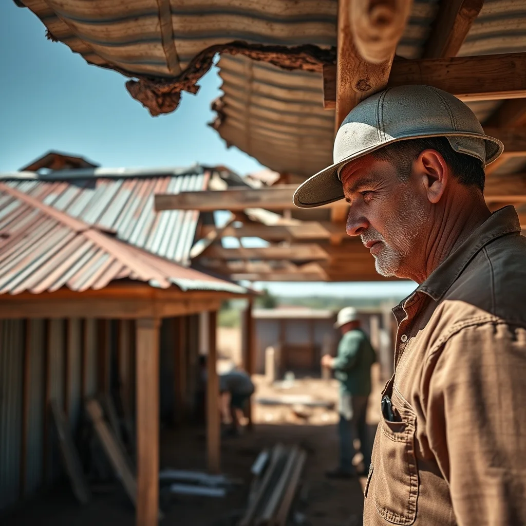 Damaged corrugated iron roofing and timber framing on a remote Kimberley homestead undergoing reconstruction after cyclone damage.