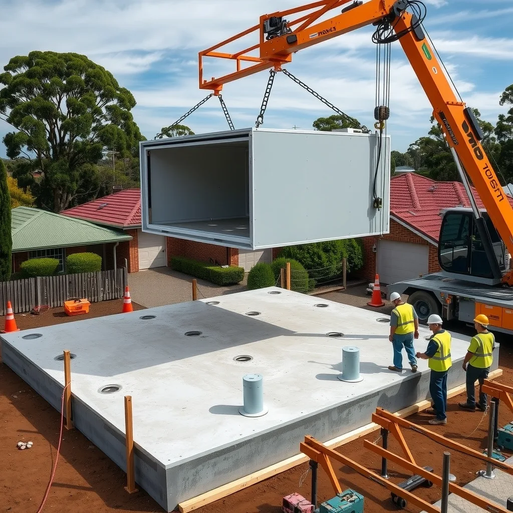 A crane lowering a prefabricated module onto a concrete slab at a suburban housing site