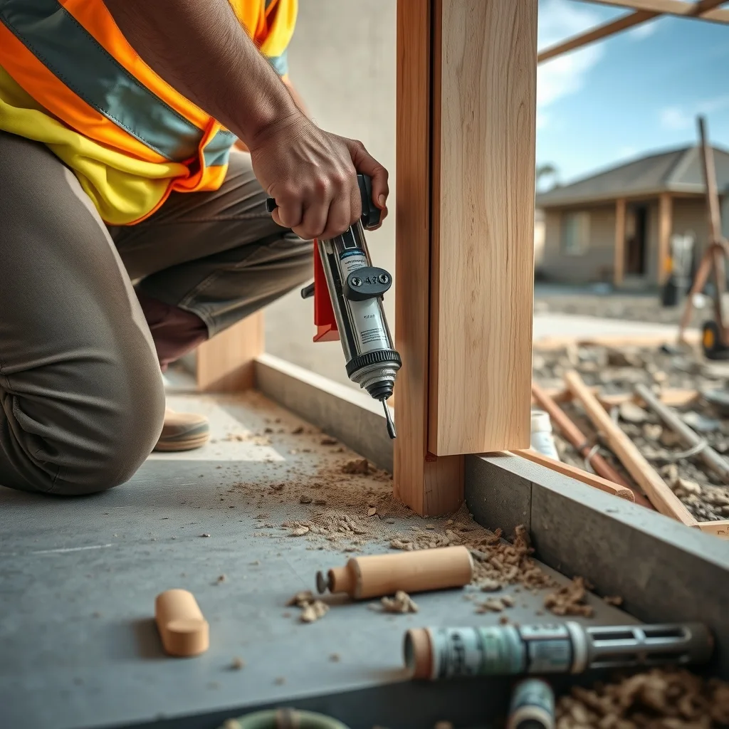 A carpenter sealing the junction between two prefabricated wall panels on a building site