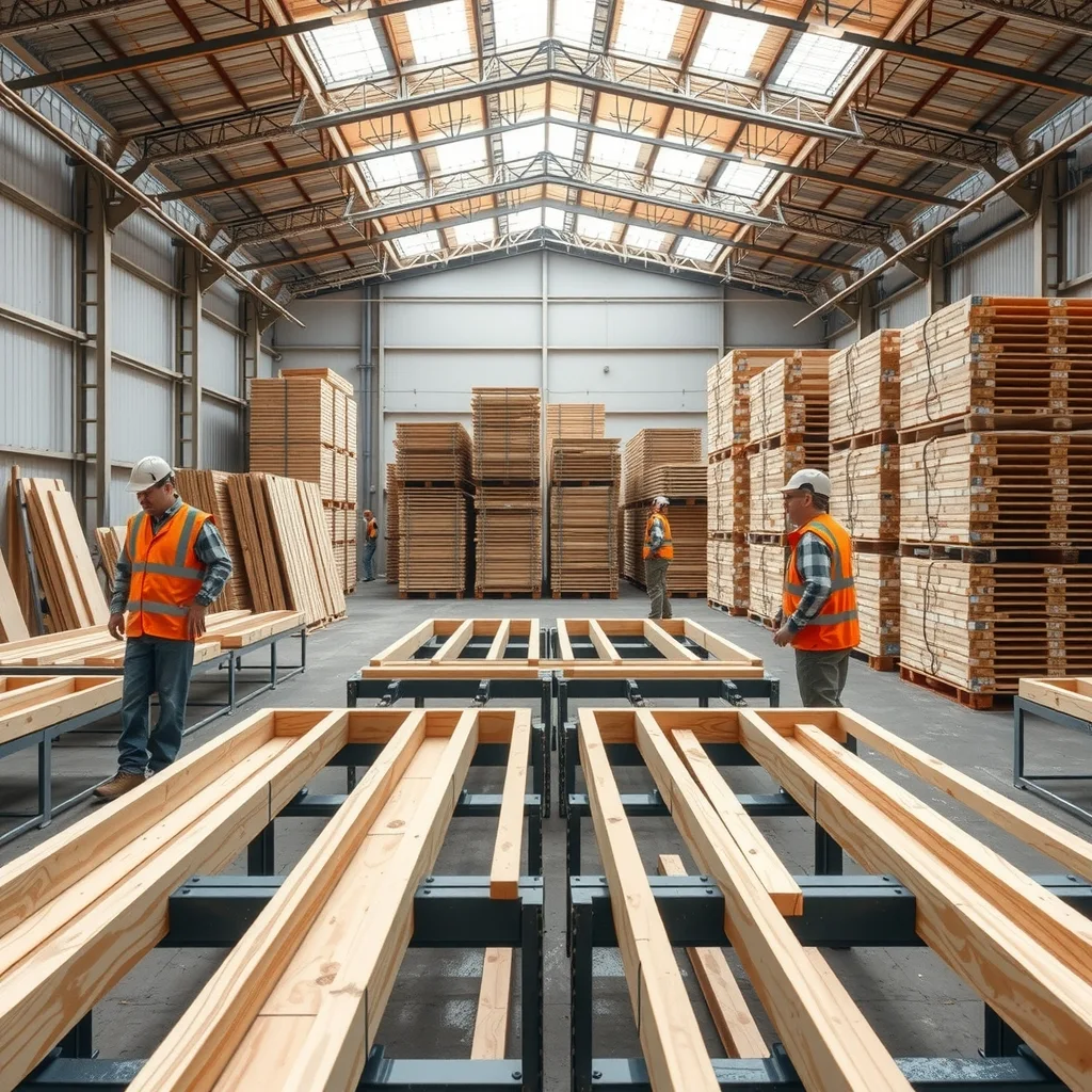 Workers assembling timber wall frames on jig tables inside a prefabrication factory
