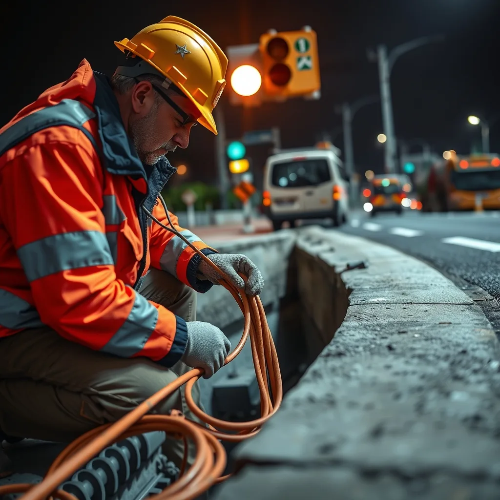 An electrician in high-vis pulling cable into an open roadside pit next to a freeway on-ramp at night.