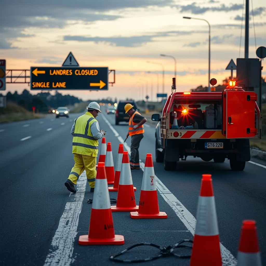 Traffic management crew setting out cones for a temporary lane closure on an Australian freeway at dusk.