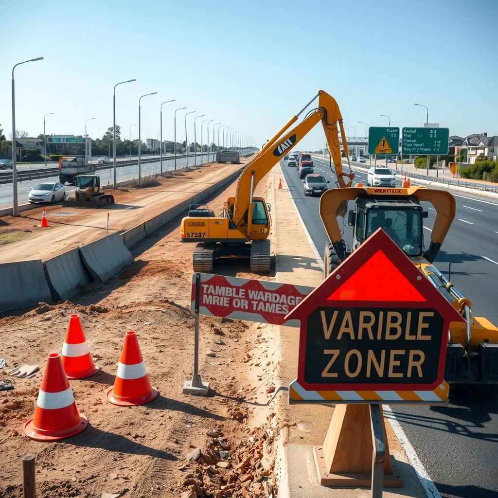 Excavators working on a dirt shoulder beside a multi-lane Australian freeway, separated from traffic by concrete barriers.