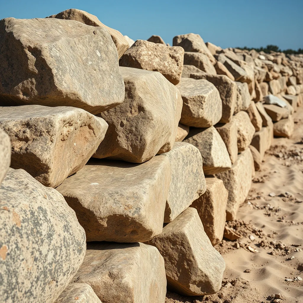 Large granite boulders stacked as a coastal protection wall along an eroding sandy beach in Western Australia.