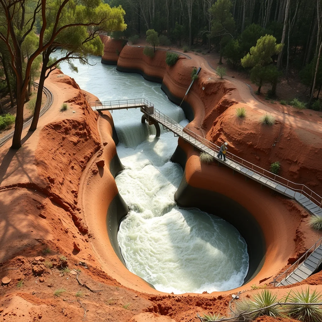 A wide earthen detention basin beside a swollen river in northern NSW, designed to manage flood waters.