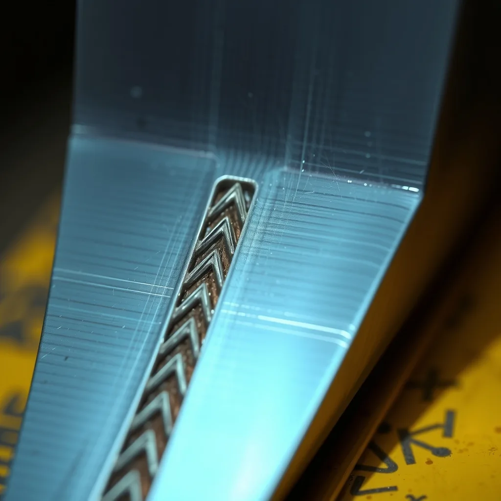 Close-up of an aluminium fillet weld showing an even chevron ripple pattern