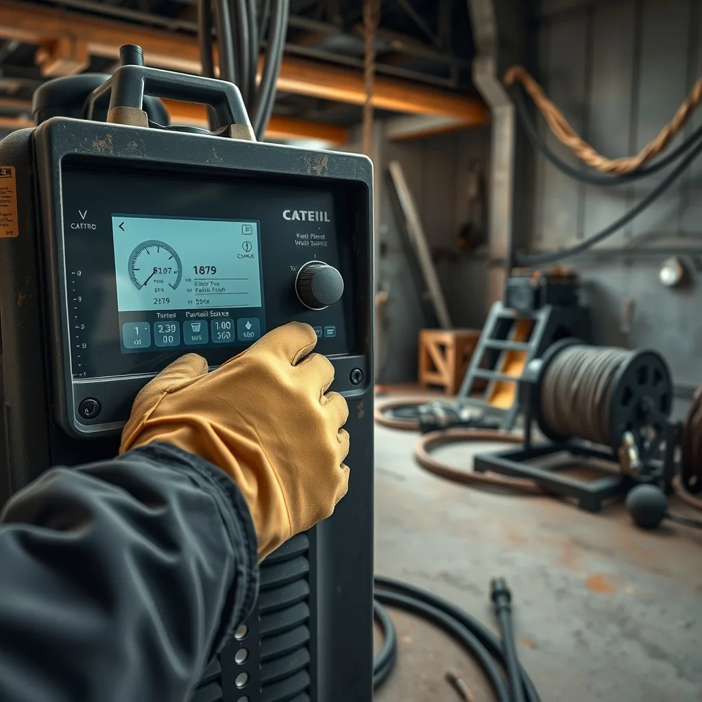 Gloved hand operating a colour touchscreen on an industrial welding power source