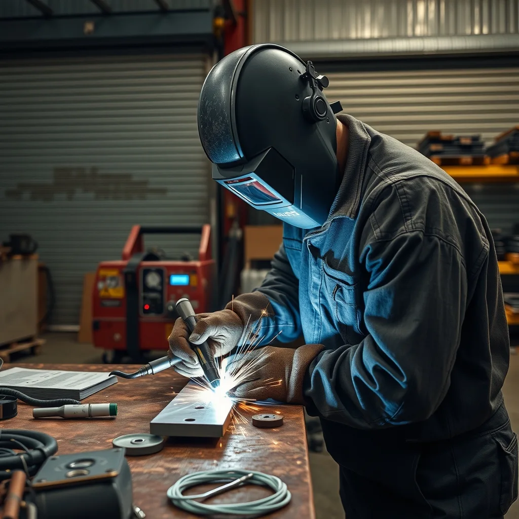 Welder in helmet and leathers MIG welding a thick aluminium plate joint in a fabrication workshop