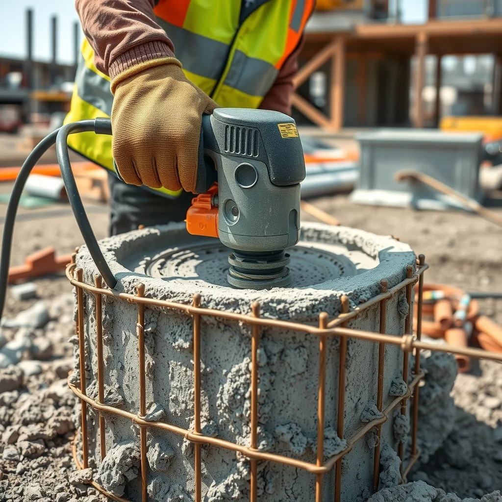 Concreter using a poker vibrator around a steel reinforcement cage during a pour