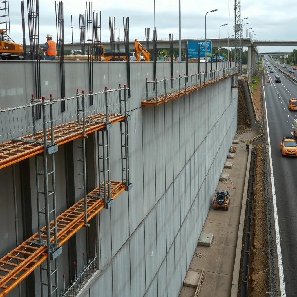 Concrete retaining wall under construction beside a freeway widening site