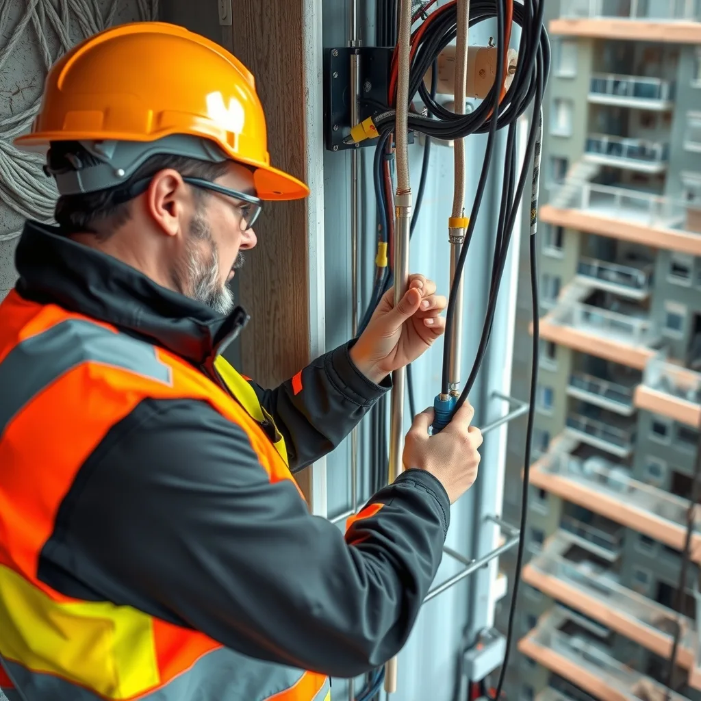 An electrician connecting cabling inside a services riser on a high-rise construction site.