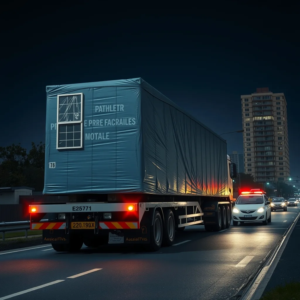 A truck carrying a wrapped building module along a suburban road at night with an escort vehicle.