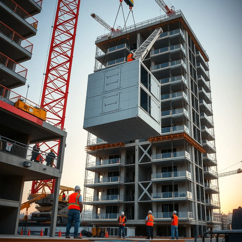 A crane lifting a prefabricated building module onto the top of a partly built high-rise tower.