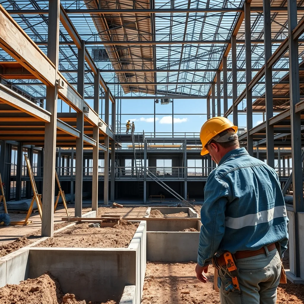 Steel framework and concrete foundations of a large hospital construction site in Mandurah, Western Australia.