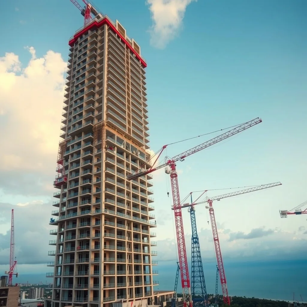 A modern high-rise residential tower under construction with cranes against a Queensland coastal sky.