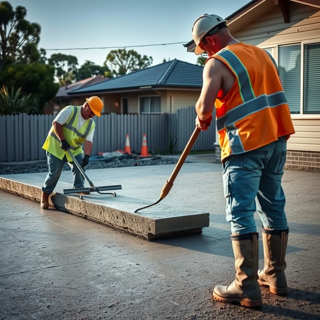Concreters screeding a freshly poured house slab on a suburban block