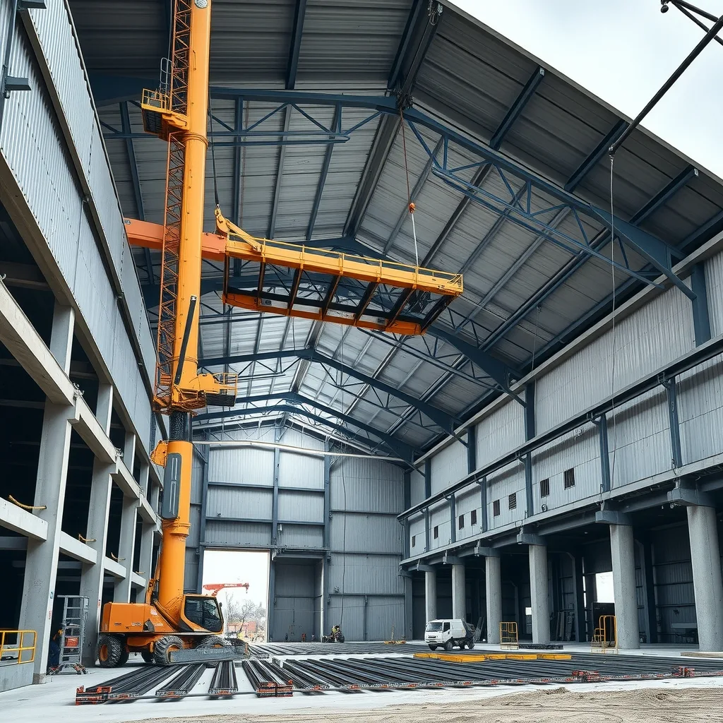 A large industrial building under construction with a mobile crane lifting steel