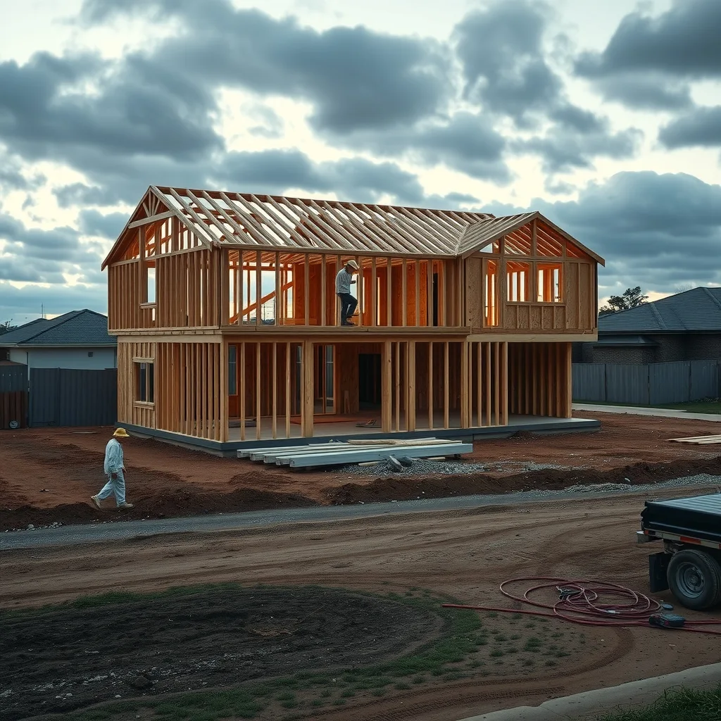 A partly framed house on an empty new housing estate at dusk, with vacant slabs nearby