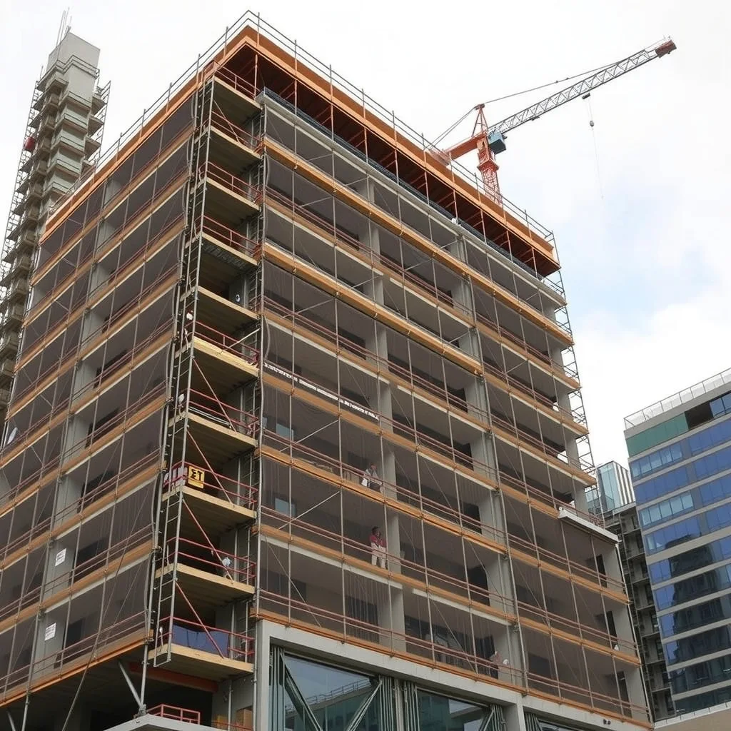 Mid-rise office building under construction with scaffolding and a tower crane