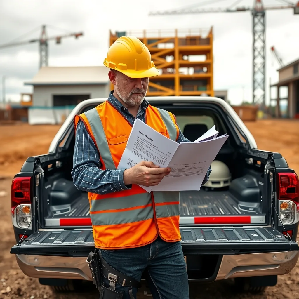 Builder in hi-vis reading a thick tender document on the tailgate of a ute at a construction site