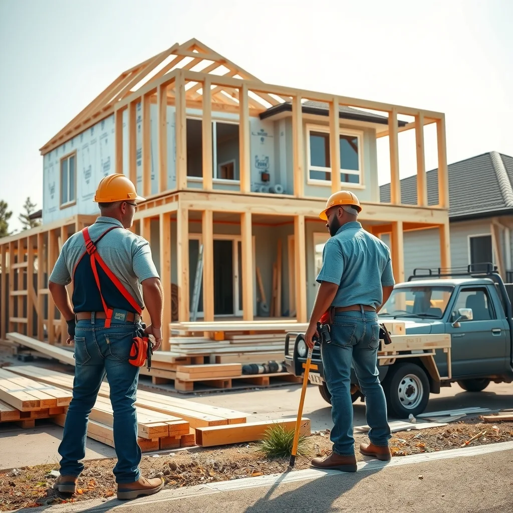 Carpenters working on the timber frame of a two-storey suburban house