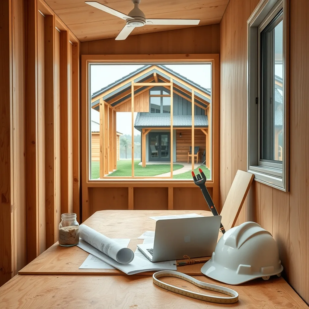 Contracts and house plans on a desk inside a builder's site office, with a timber-framed house visible outside